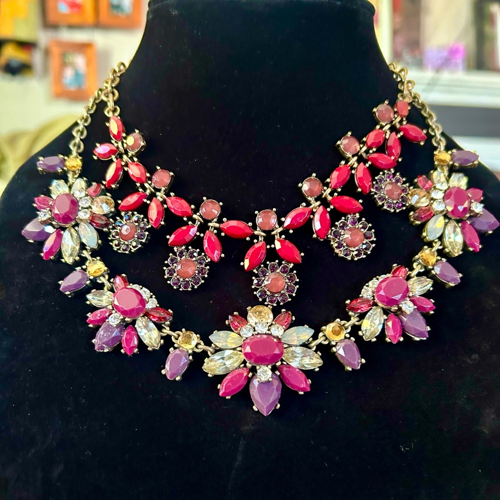 Bundle/lot 2 Charming Charlie & Unmarked Statement Necklaces Crystal Collar Red
